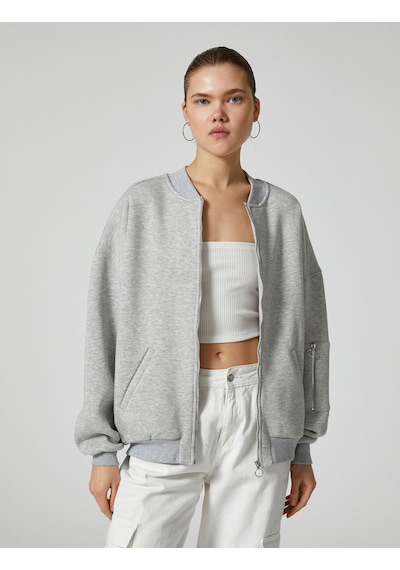 Koton Fermuarlı Sweatshirt Rahat Kalıp Uzun Kollu Yuvarlak Yaka Pamuklu Gri Melanj 4sal10424ık Gri Melanj