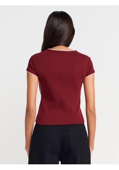 Dilvin 31750 Kontrast Kısa Kollu Tshirt-açık Bordo Açık Bordo