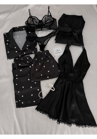Mh Moony Homewears Kutulu 7'li White Black Love Saten Pijama Gecelik Iç Giyim Çeyiz Seti Siyah