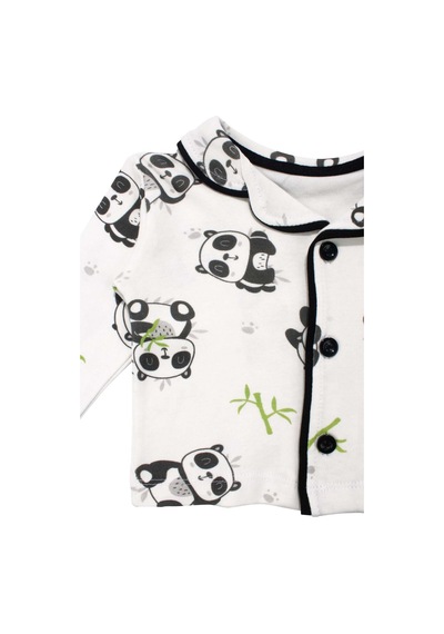 Bebegen Unisex Ekru Siyah Panda Desenli Kruvaze Yaka Pijama Takımı Çok Renkli