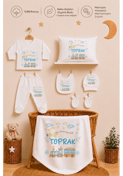 Pia Baby İsimli Erkek Bebek Hastane Çıkışı 11 Parça %100 Pamuk Organik Baskılı Kişiye Özel Set 2096110x Ekru