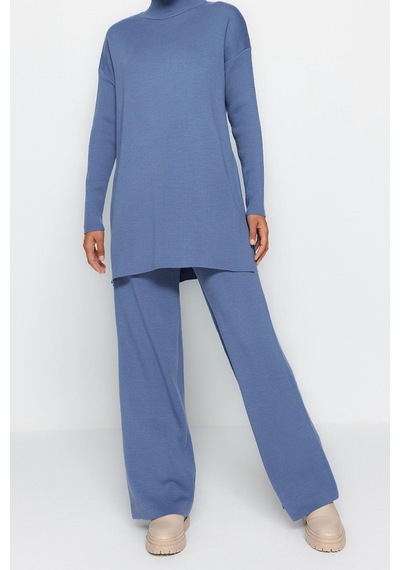 Ersefa Tarz Kadın Modern Moda Normal Bel Geniş Paça Balıkçı Yaka Yırtmaç Indigo