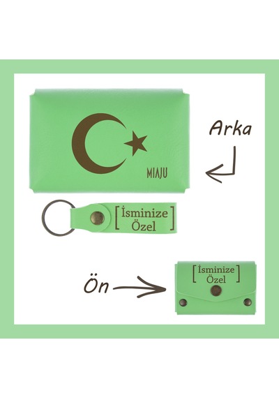 Miaju Fıstık Yeşil, Ay Yıldız Yazılı, İsmine Özel Cüzdan Ve Anahtarlık Set, Tarihinden Onur Duyanlara Özel Fıstık Yeşil