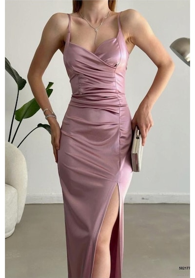 DefyModa Kadın Şık Model Saten Kumaş V Yaka Yırtmaçlı Askılı Abiye Elbise Gülkurusu