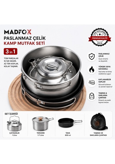 Madfox Prochef 3ın1 Paslanmaz Çelik Kamp Mutfak Seti Siyah