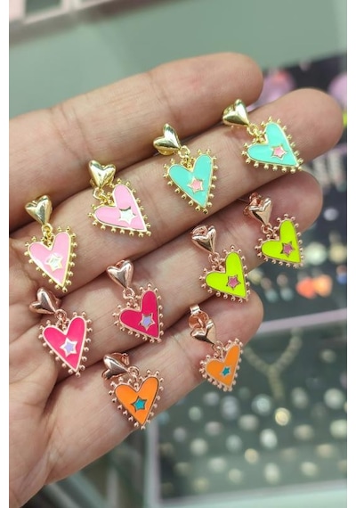 Mineli Sallantılı Kalp Gümüş Küpe Pembe Altın