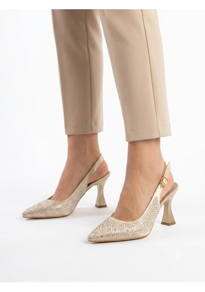 Asmi Shoes Kadın Monica Taşlı Bej Saten 7 Cm İnce Topuklu Ayakkabı & Stiletto