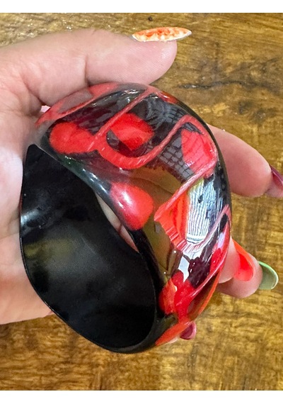 Kırmızı Oyma Kemik Kadın Hint Bileziği Çap 7 Cm Çok Renkli