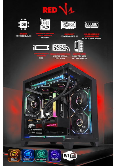 Gamers Arena RED V1 R5-7500X3D 16 GB 1 TB M2 SSD RX9060XT Free Dos Masaüstü Oyuncu Bilgisayarı