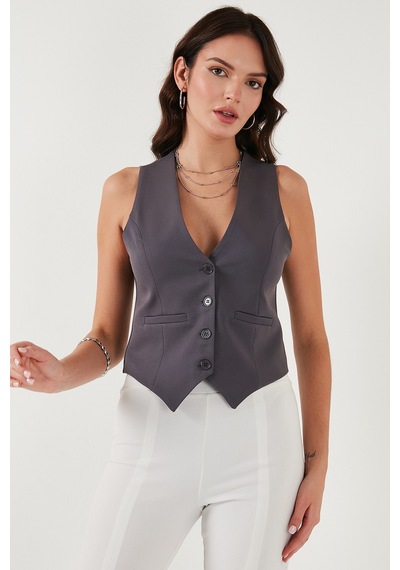 Lela Fitted Fit Düğmeli V Yaka Düğmeli Bayan Yelek 6696796 Füme
