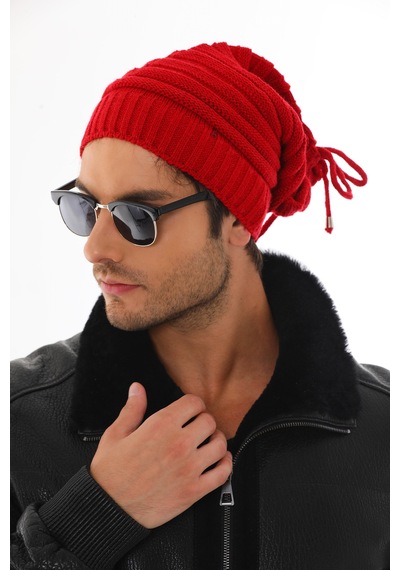 Ritagarcia Unisex Arkası İpli Büzgülü Triko Bere Kışlık Dökümlü Slouchy Beanie Bere Kırmızı