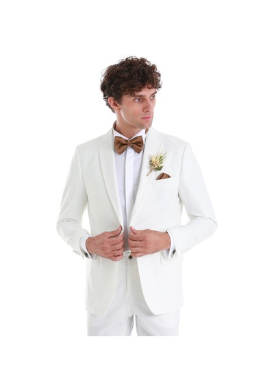 Hatemoğlu Beyaz Slim Fit Düz Çıkma Şal Yaka Smokin Damatlık 33122124c002 001 Beyaz