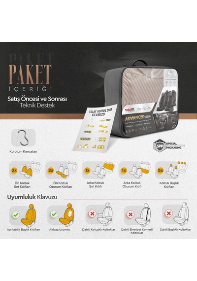 Advanced Design Özel Tasarım Premium Süet-Deri Ekstra Destekli Universal Oto Koltuk Kılıfı Tam Set