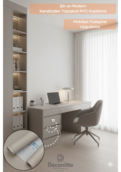 Deconitte Premium Kendinden Yapışkanlı Mat Bej Renk Pvc Mobilya Dolap Tezgah Duvar Kaplama Dekoratif 60x100cm