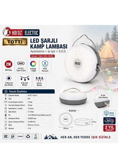 Horoz Electric Tottı Led Şarjlı Kamp Lambası 2w Type-c Rgb İp Işıklı S.o.s Modlu