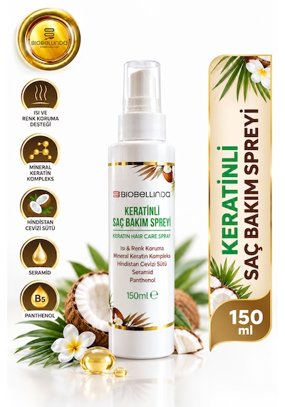 Keratinli Saç Bakım Spreyi Isı Ve Renk Koruma, Keratin, Seramid, Panthenol Ve Hindistan Cevizi Sütü 150 Ml