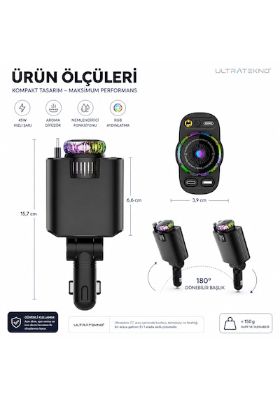 Ultratekno C7 Araç Şarj Cihazı 5in1 45w Hızlı Şarj Oto Parfüm Difüzör Type-c & Lightning Makaralı Kablo Rgb Yıldız Işığı Araç İçi Nemlendirici Gri