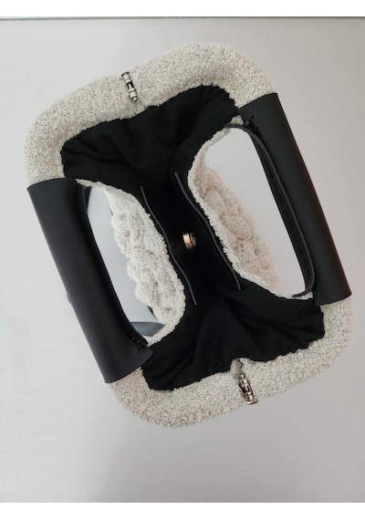 Fikriharika Design Vintage Esintili Buklet Örgü Çanta Metal Burslu Ve Deri Detaylı Siyah - Bej
