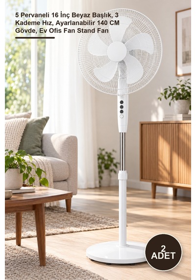 2 Adet Ayaklı Vantilatör 5 Pervaneli 16 İnç Beyaz Başlık, 3 Kademe Hız, Ayarlanabilir 140 Cm Gövde, Ev Ofis Fan Stand Fan 1