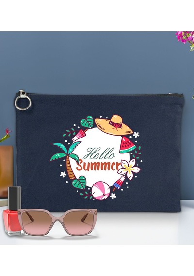 Bk Gift Yaz Temalı-4 Astarlı Lacivert Portföy Çanta 30x21cm, Baskılı El Çantası, Organizer Çanta