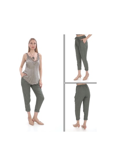 Bohem Stil Kadın Zaz İtalyan Keten Pantolon-9174 Haki