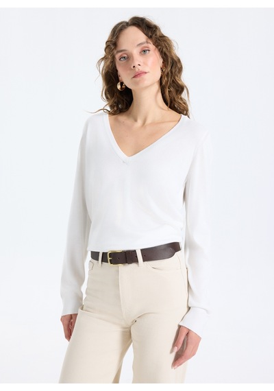 Limon Beyaz Kadın V Yaka Slim Fit Kazak Ml5wl-kzk9009 Ekru