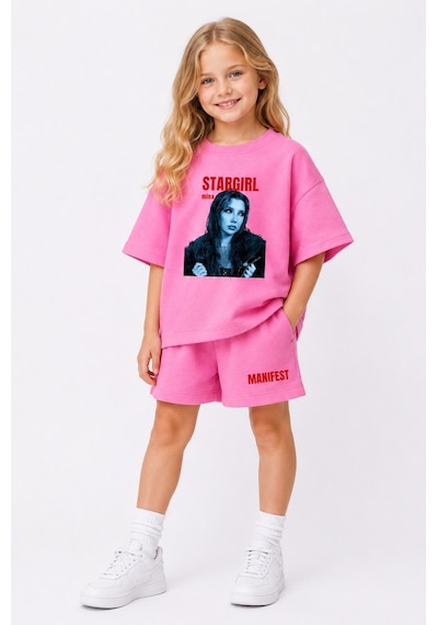 Fasardi Manifest Girls Mina Baskılı Oversize %100 Pamuk Tişört Şort 2li Çocuk Takım Pembe
