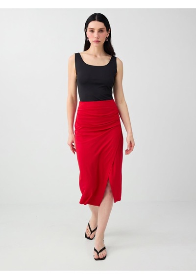 Jimmy Key Jimmy Key Kırmızı Yırtmaç Detaylı Drapeli Midi Örme Etek 6sw077422600