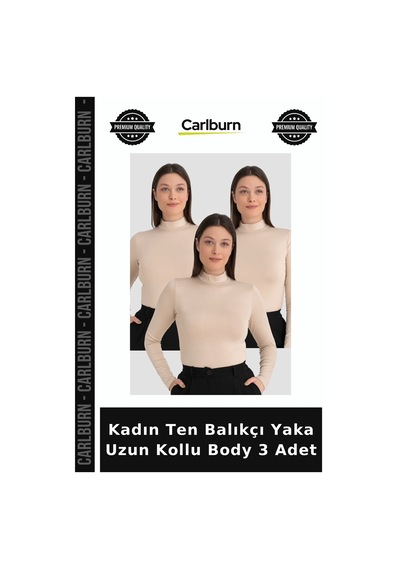 Carlburn Delux Serisi Kadın Ten Balıkçı Yaka Uzun Kollu Body 3 Adet Genç Giyim Casual Tarz Sade Bluz Ten 3
