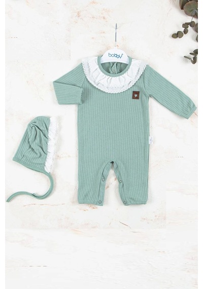 Baby Donat Brode Nakışlı Şapkalı % 100 Pamuk Kız Bebek Tulumu Yeşil