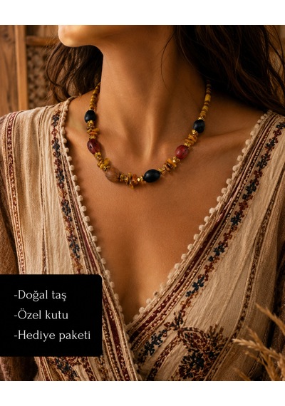 Bohem Savana & Zafira Doğal Taş Boncuk Kolye El Yapımı Şık Kadın Kolyesi Hediye Çok renkli