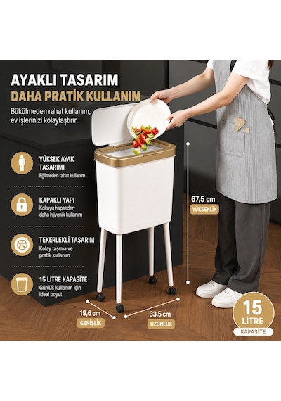 15 Litre Ayaklı Çöp Kovası Kapaklı Tekerlekli Mutfak Banyo Ofis Çöp Kutusu