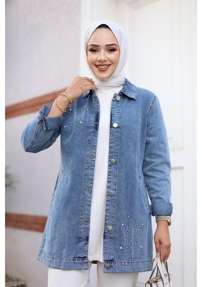 Harman Butik Kadın Taş İşlemeli Denim Kot Ceket Kot Mavi Kot Mavi