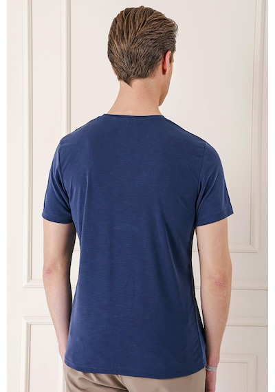 Efor Slim Fit Bisiklet Yaka Doku Desenli Pamuklu Lacivert Tişört Ts 881 Lacivert