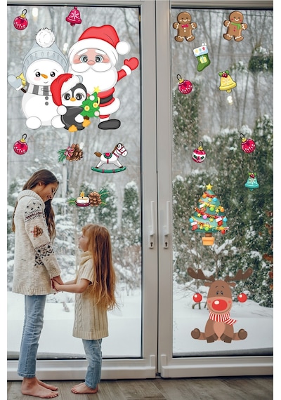 Sevimli Kardan Adam Noel Baba Ve Geyik Temalı Yılbaşı Pencere Sticker