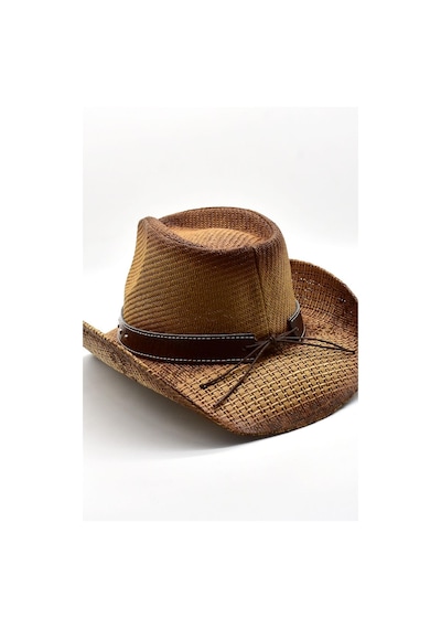 Külah Deri Şeritli Zımbalı Hasır Şapka Premium Classic Western Festival Beach Rave Hat - Standart Taba