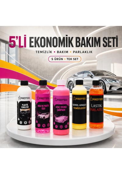 5 Li Ekonomik Araç Bakım Ve Temizlik Seti Şampuan, Hızlı Cila, Plastik Yenileyici, Genel Temizleyici Ve Lastik Parlatıcı