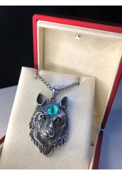 Viking Fenrir Kurt Başı Erkek Çelik Kolye Işıklı Kutuda Sevgiliye Eşe Babaya Hediye Kolye Beyaz