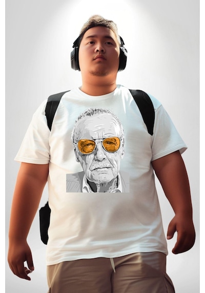 Angemiel Stan Lee Beyaz Büyük Beden Kadın Erkek Ünisex Basic Ön Baskılı Tişört Beyaz