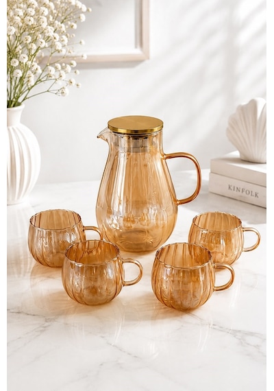 Qerhome Isıya Dayanıklı Amber Borosilikat Cam Sürahi Seti-1800 Ml Sürahi 4 Adet Kulplu Bardak Takımı Dr
