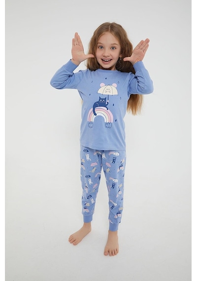 Kız Çocuk Pamuklu Uzun Kollu Kedili Pijama Takımı-11394 Indigo