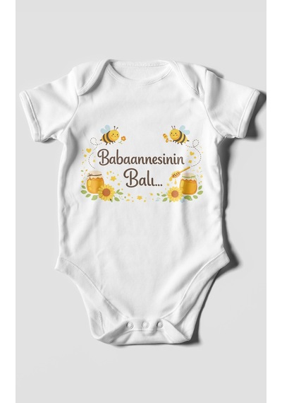 Morivokids Babannesinin Balı Kısa Kollu Bebek Body %100 Pamuk Beyaz