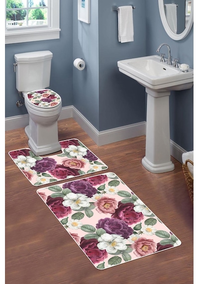 Modern Desenli Dijital Baskı 3 Lü Banyo Paspas Takımı Yıkanabilir Kaymaz Tabanlı Klozet Takımı Klz0053 Renkli