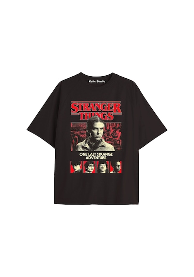 Stranger Things Baskılı Oversize Ünisex T-shirt Siyah Metalik