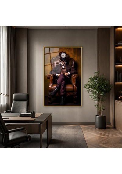 Koltukta Saat Başlıklı Adam Gold Çerçeveli Cam Tablo
