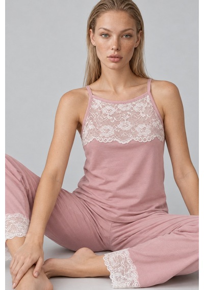 Kadın Dantelli Relaxed Pembe Pijama Takımı 4742