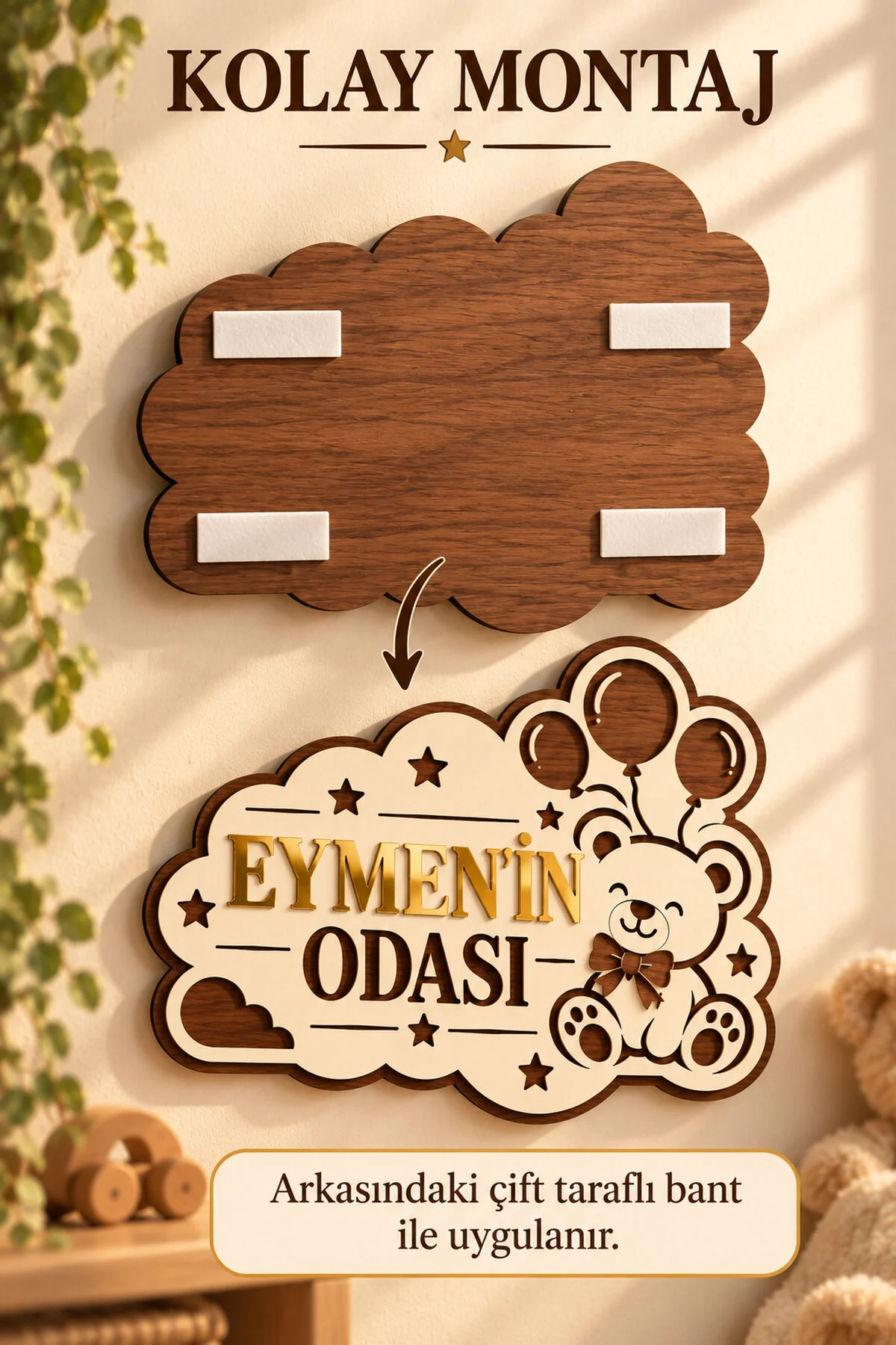Kişiye Özel Ayıcıklı Balonlu Bebek Ve Çocuk Odası İsimliği Gold Pleksi Mdf Kapı Ve Duvar Süsü