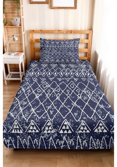 Lacivert Geometrik Genç Odası Tek Kişilik Pike Takımı - Bohem Beyaz 160x220 Cm Kapitone Yatak Örtüsü Kışlık Perde Hissi