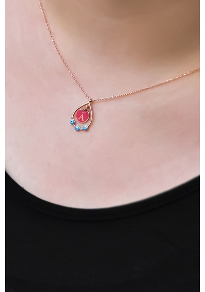 925 Ayar Rose Kaplama Mineli Göz A Harf Damla Kolye