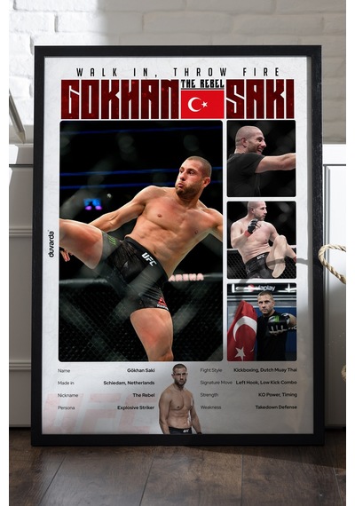 Gökhan Saki Ufc Siyah Ahşap Çerçeveli Poster, Dekoratif Dövüş Duvar Tablosu